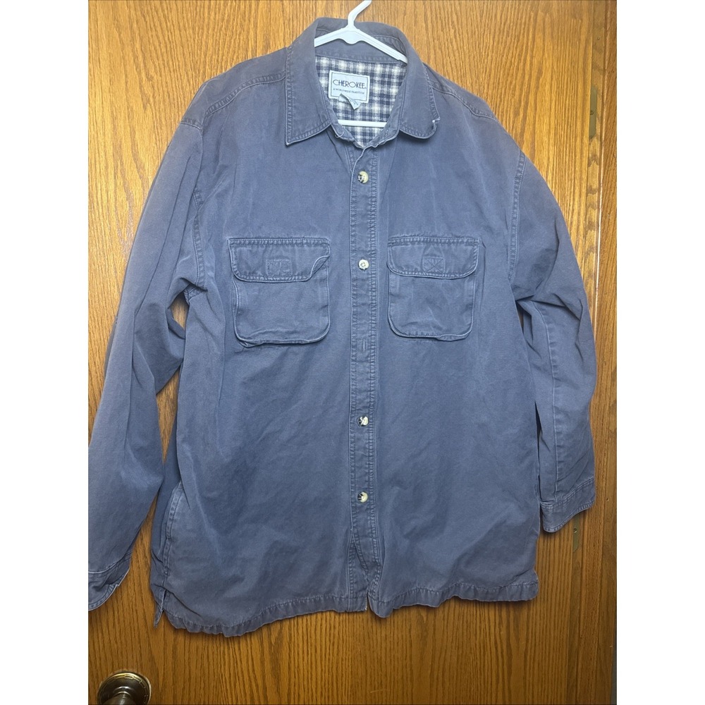 Cherokee Flannel Lined Shirt Jacket Men's L Blue Plaid Interior Workwear Utility